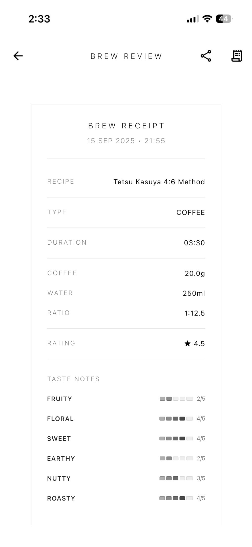 Cofy Cat mobile app showing brew recipe overview